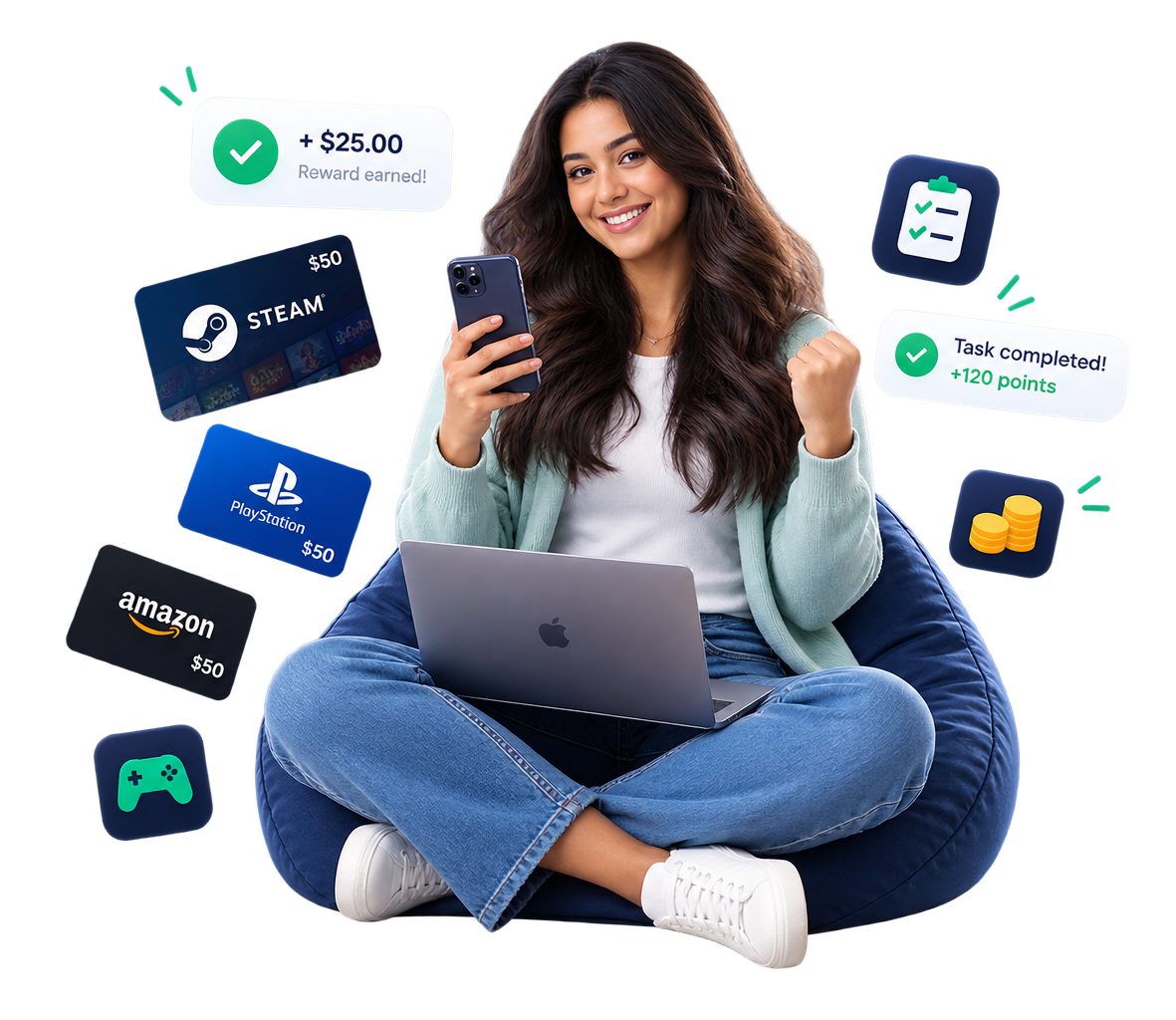 A LootBusters member earning gift cards and points on her phone